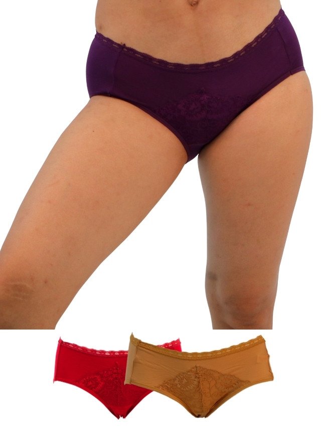 Women's Lace Waist Design Mid Rise 3-Pack Panties, Multicolor - Purple