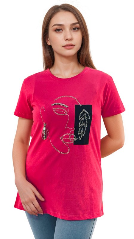 Women's Lady Face Print Round Neck Short Sleeve T-Shirt - Pink