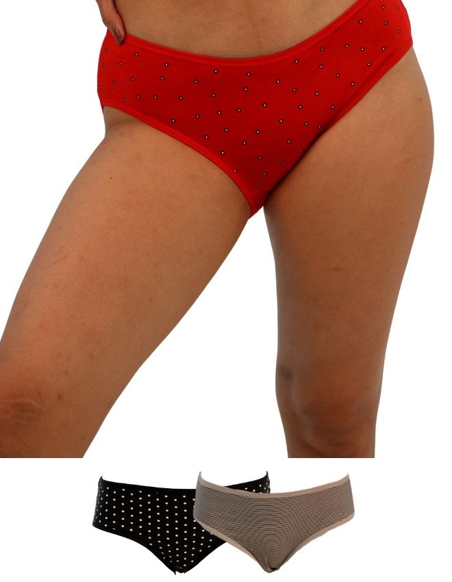 Women's Dots & Striped Design Mid Rise 3-Pack Panties, Multicolor - Red