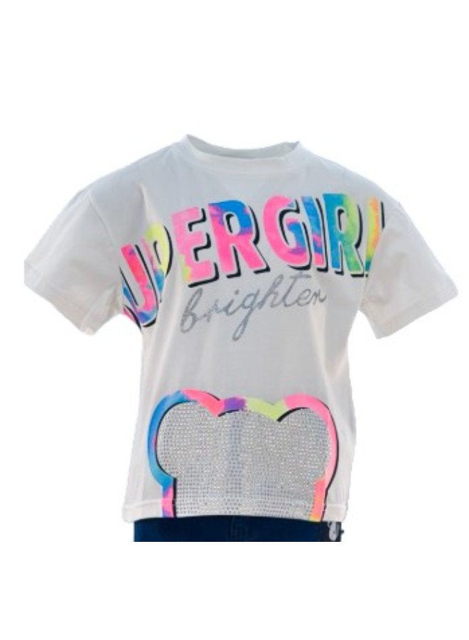Girl's Super Girl Brighter Print Round Neck Short Sleeve T-Shirt - White