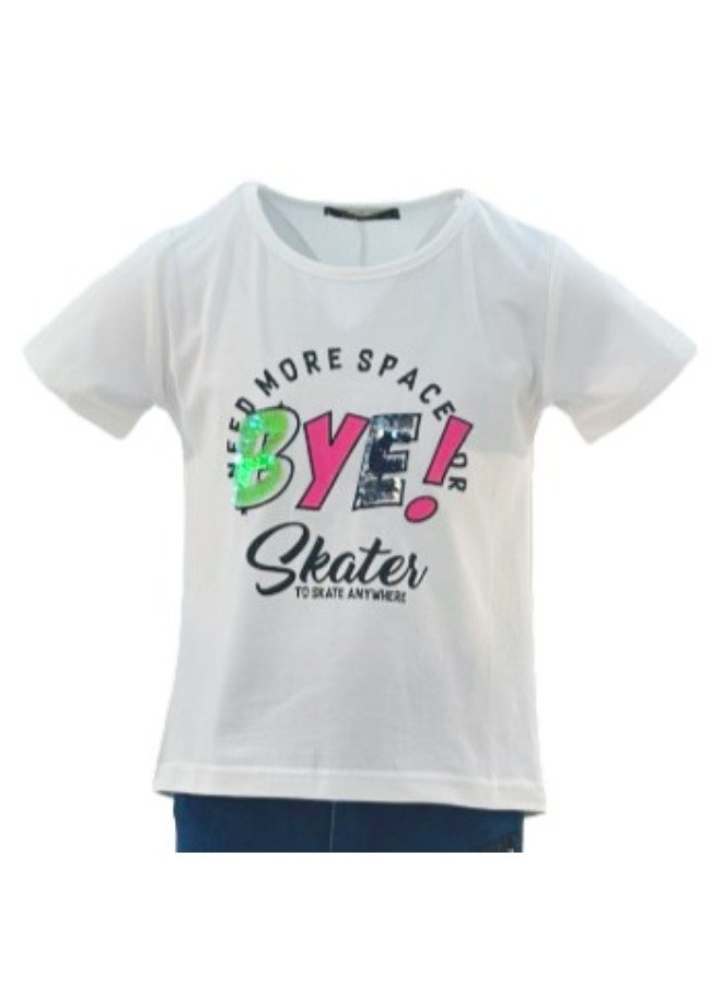 Girl's Need More Space Bye! Skater To Skate Anywhere Print Round Neck Short Sleeve T-Shirt - White