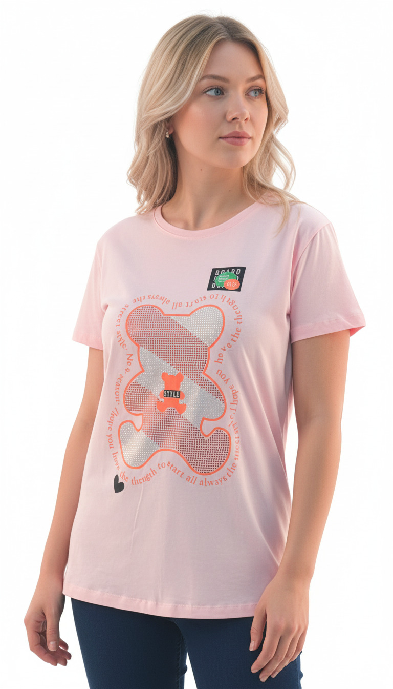 Women's Bear Design With Quotes Round Neck Short Sleeve T-Shirt - Pink