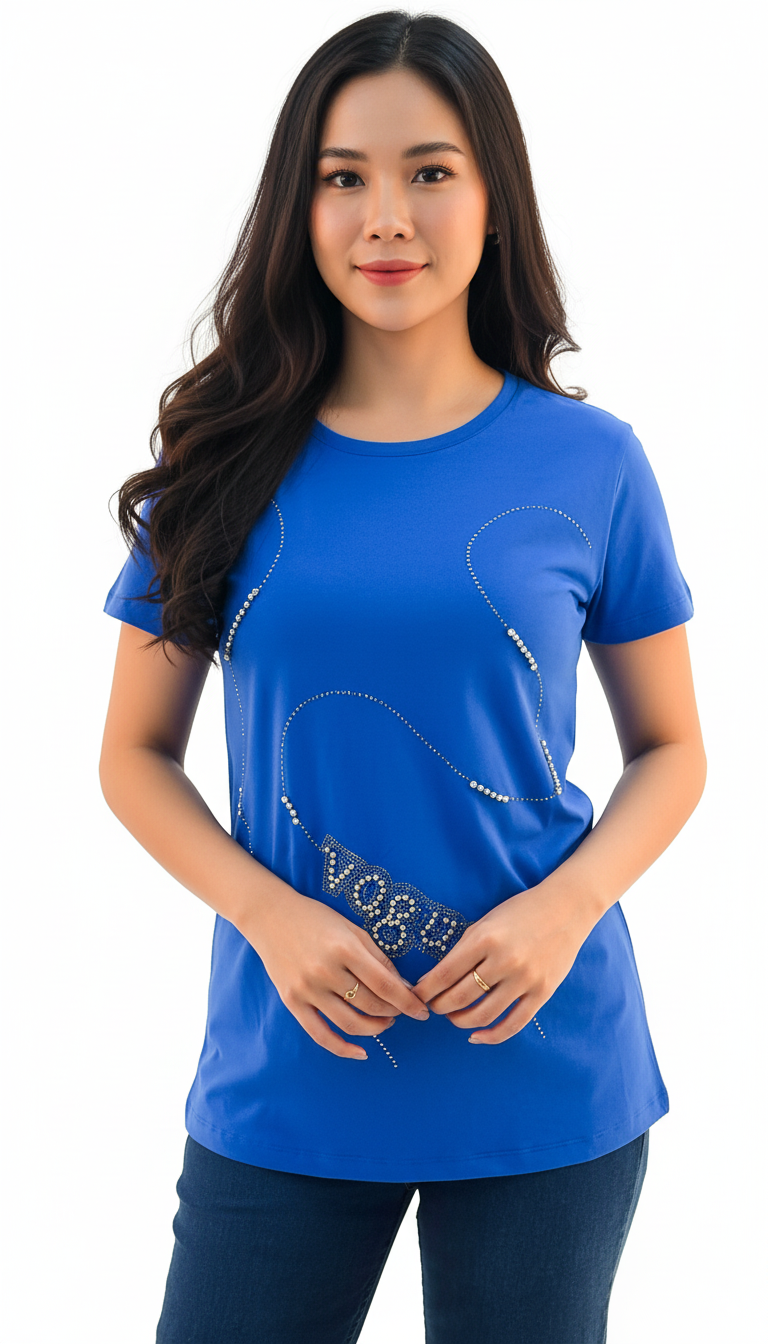 Women's Vogue Print Round Neck Short Sleeve T-Shirt - Blue