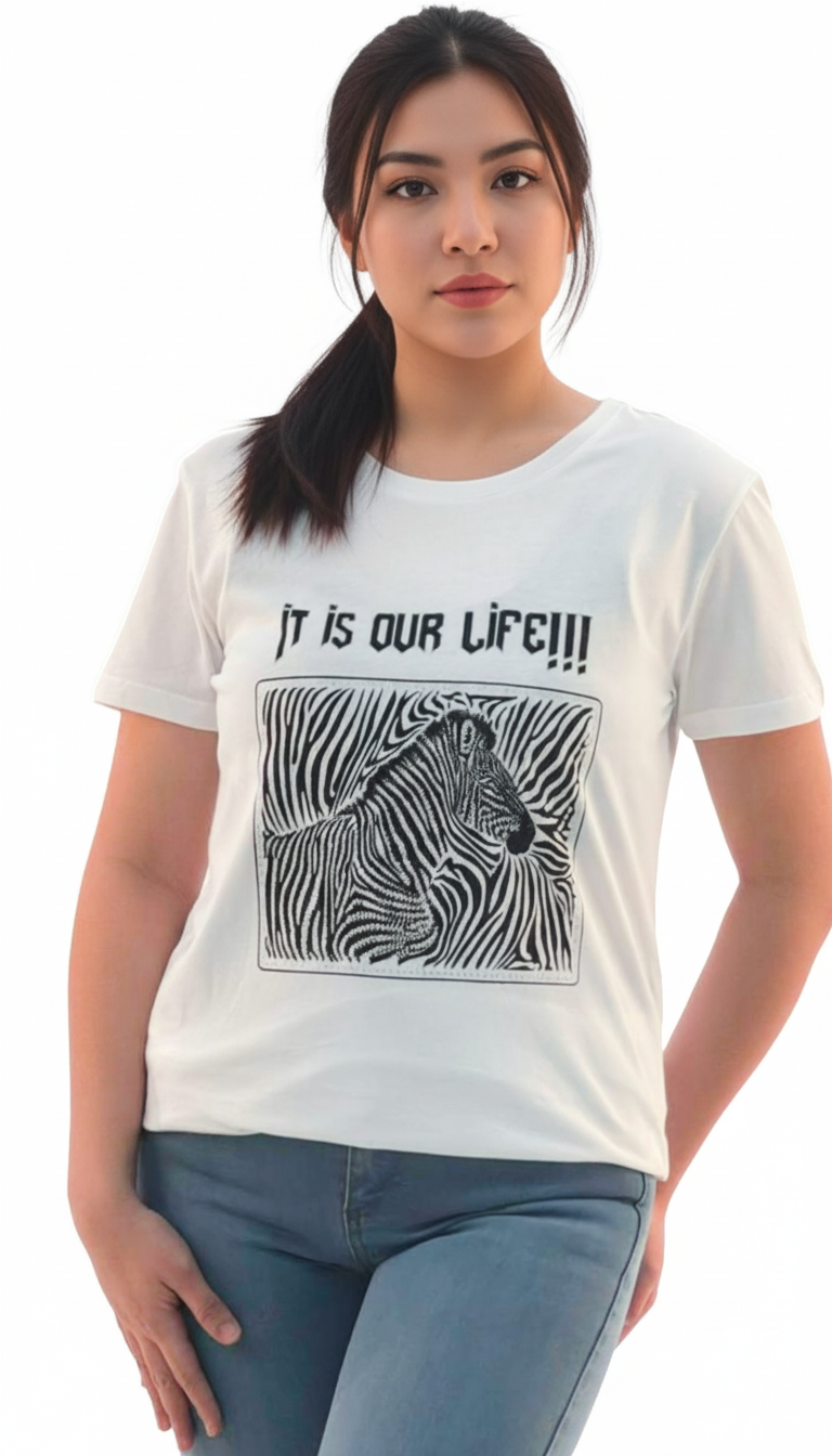 Women's It Is Our Life Quotes with Animal Print Round Neck Short Sleeve T-Shirt - White