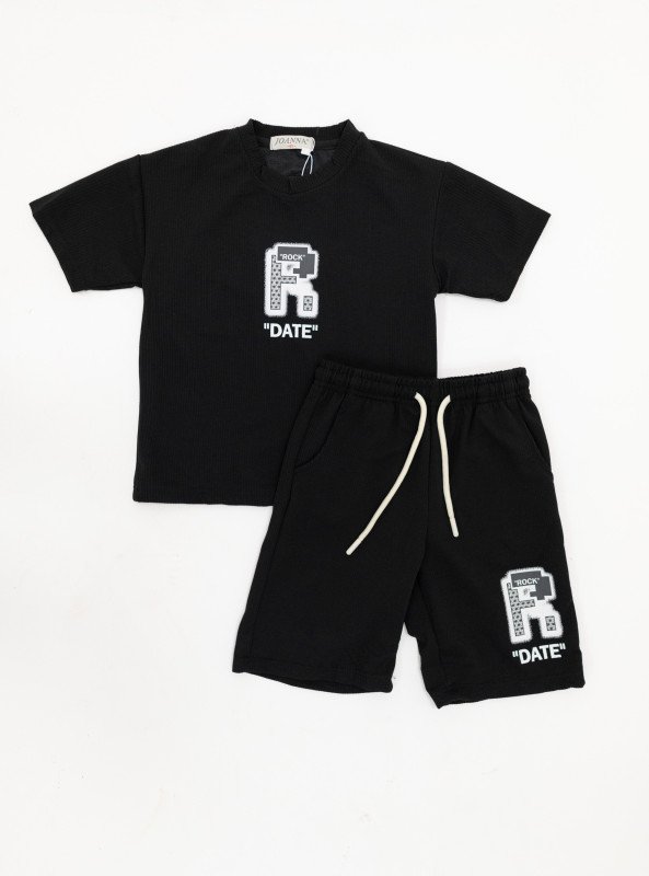 Boys’ Casual Embroidered “DATE” Set – T-Shirt & Shorts - Black