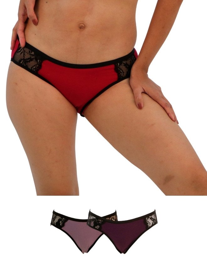 Women's Two Tone Lace Design Bikini 3-Pack Panties, Multicolor - Red