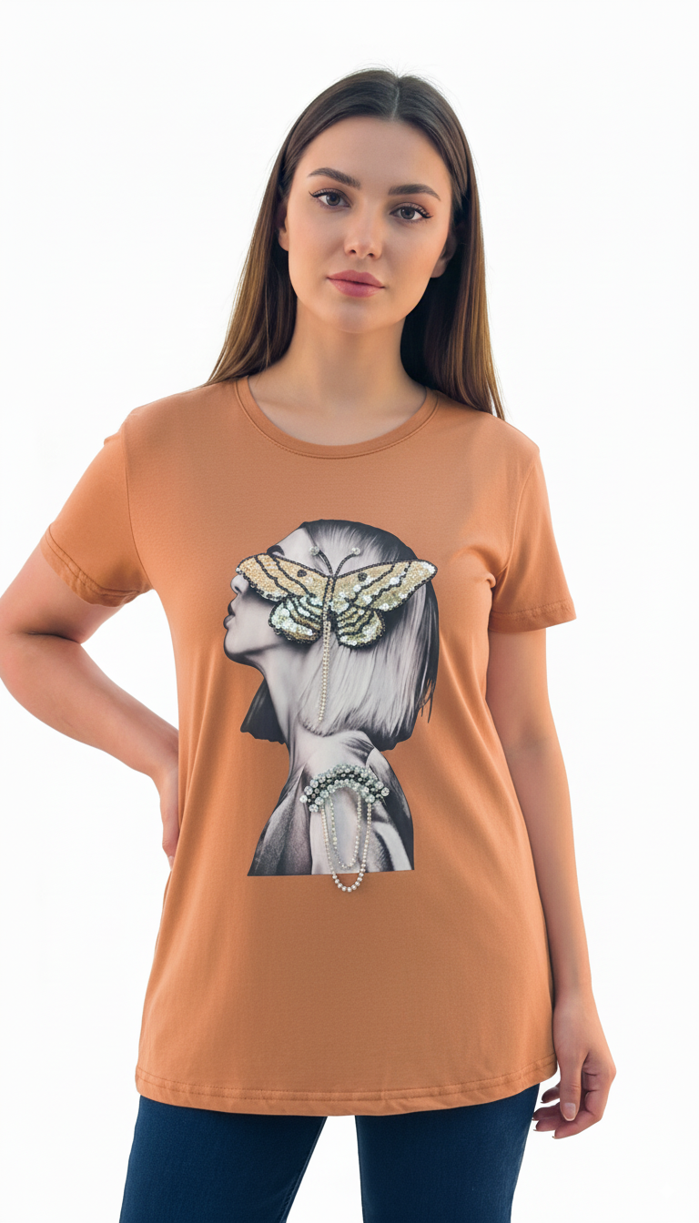 Women's Lady With Butterfly Print Round Neck Short Sleeve T-Shirt - Brown