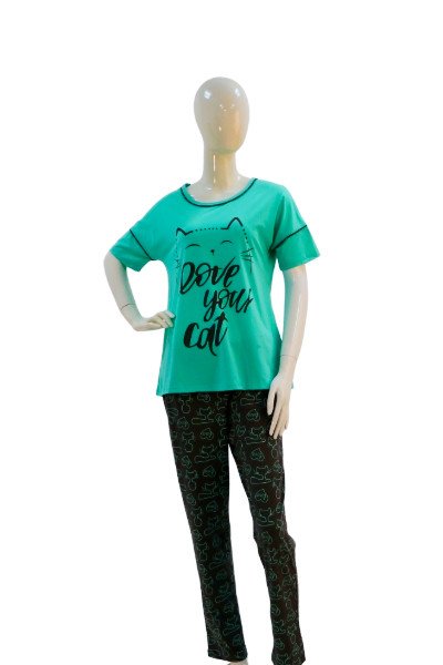 Women's "Love Your Cat" Cotton Pajama Set - LightSeaGreen