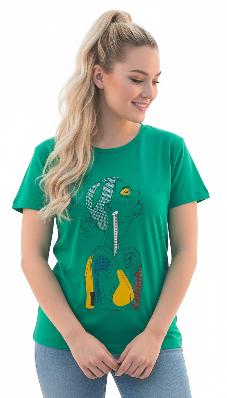 Women's Sad Lady Print Round Neck Short Sleeve T-Shirt - Green