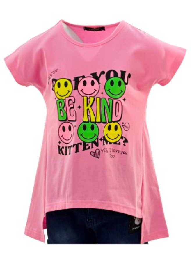 Girl's Smiley with Be Kind Print Round Neck Long Back Short Sleeve T-Shirt - Pink