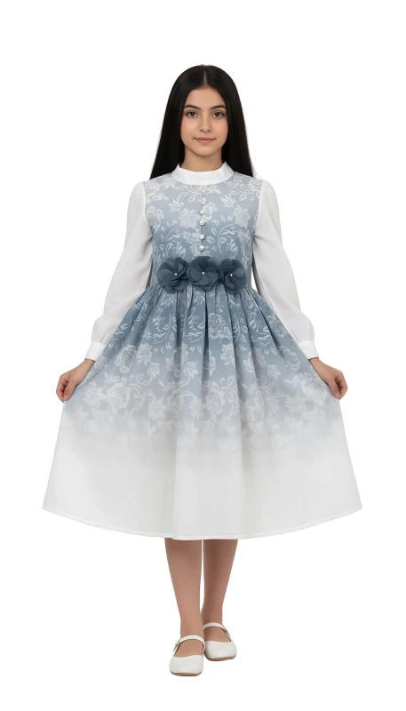 Girl's Floral Ombre Belted Dress with Long Sleeves - Blue