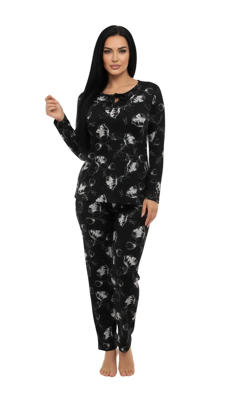Women's Soft Ribbed Nightwear with Botanical Print - Black