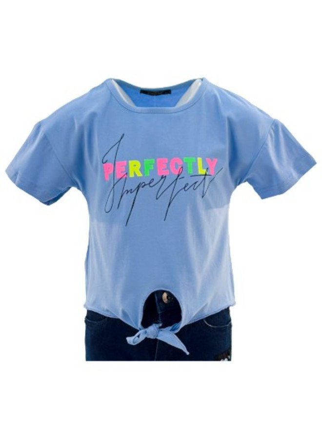 Girl's Front Tie With Perfectly Imperfect Print Round Neck Short Sleeve T-Shirt - Blue