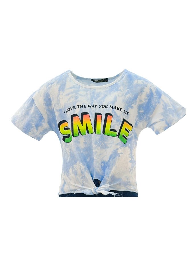 Girl's Front Tie With I Love The Way You Make Me Smile Quotes Round Neck Short Sleeve T-Shirt - Blue