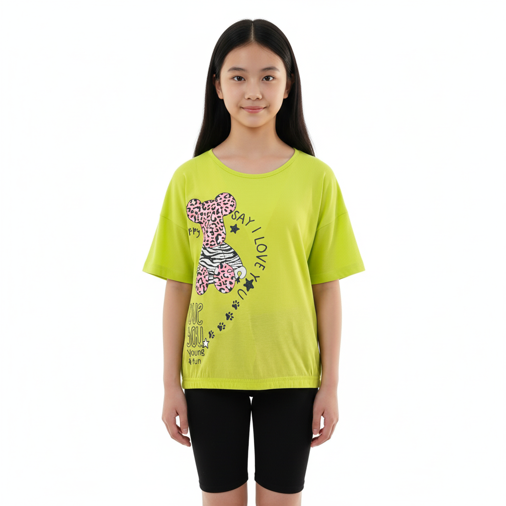 Girl's Say I Love You & Animal Print Round Neck Short Sleeve T-Shirt - YellowGreen