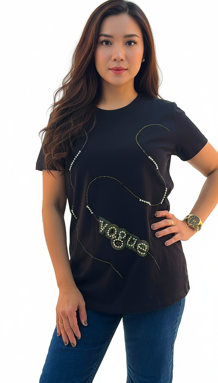 Women's Vogue Print Round Neck Short Sleeve T-Shirt - Black