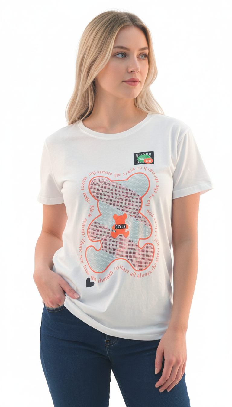 Women's Bear Design With Quotes Round Neck Short Sleeve T-Shirt - White