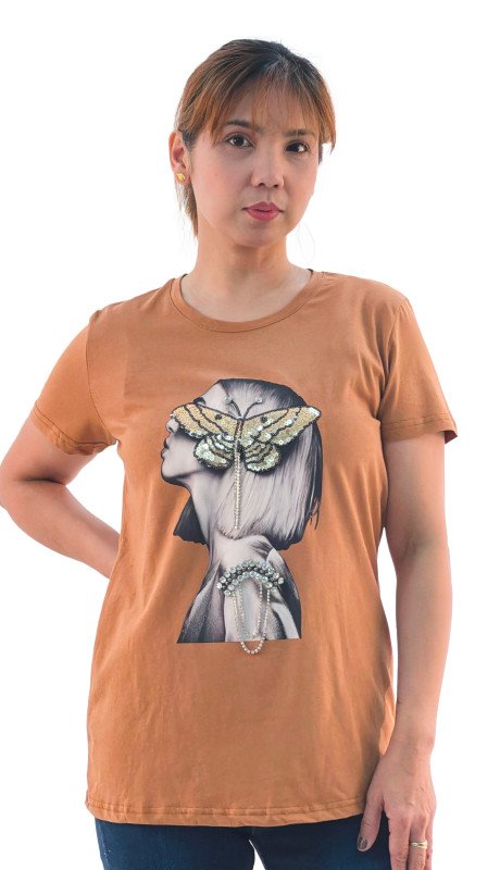 Women's Lady With Butterfly Print Round Neck Short Sleeve T-Shirt - Brown