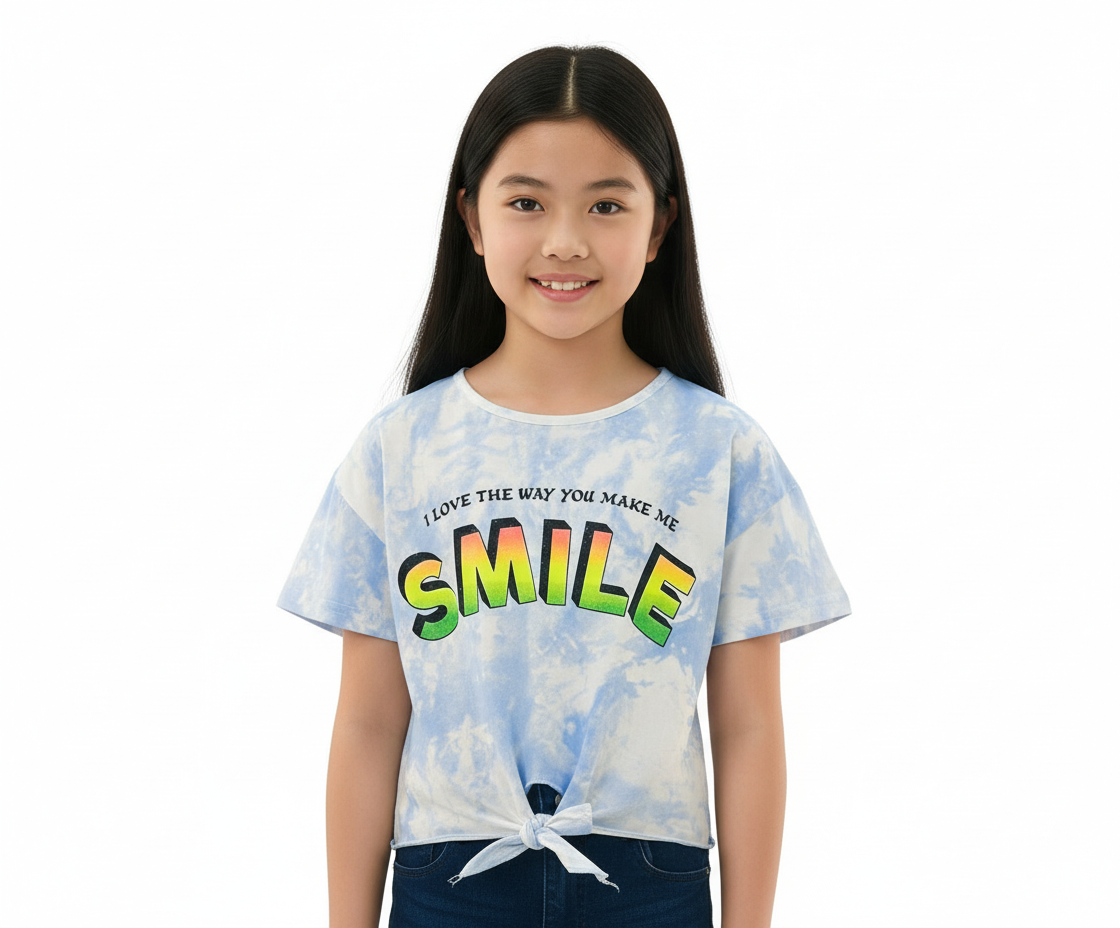 Girl's Front Tie With I Love The Way You Make Me Smile Quotes Round Neck Short Sleeve T-Shirt - Blue