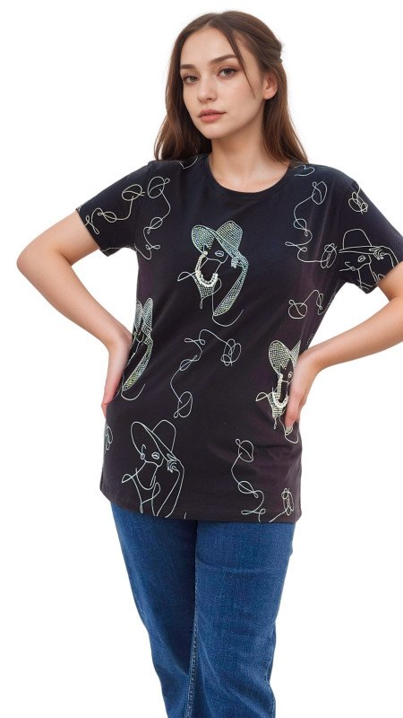 Women's Lady With Hat Design Round Neck Short Sleeve T-Shirt - Black