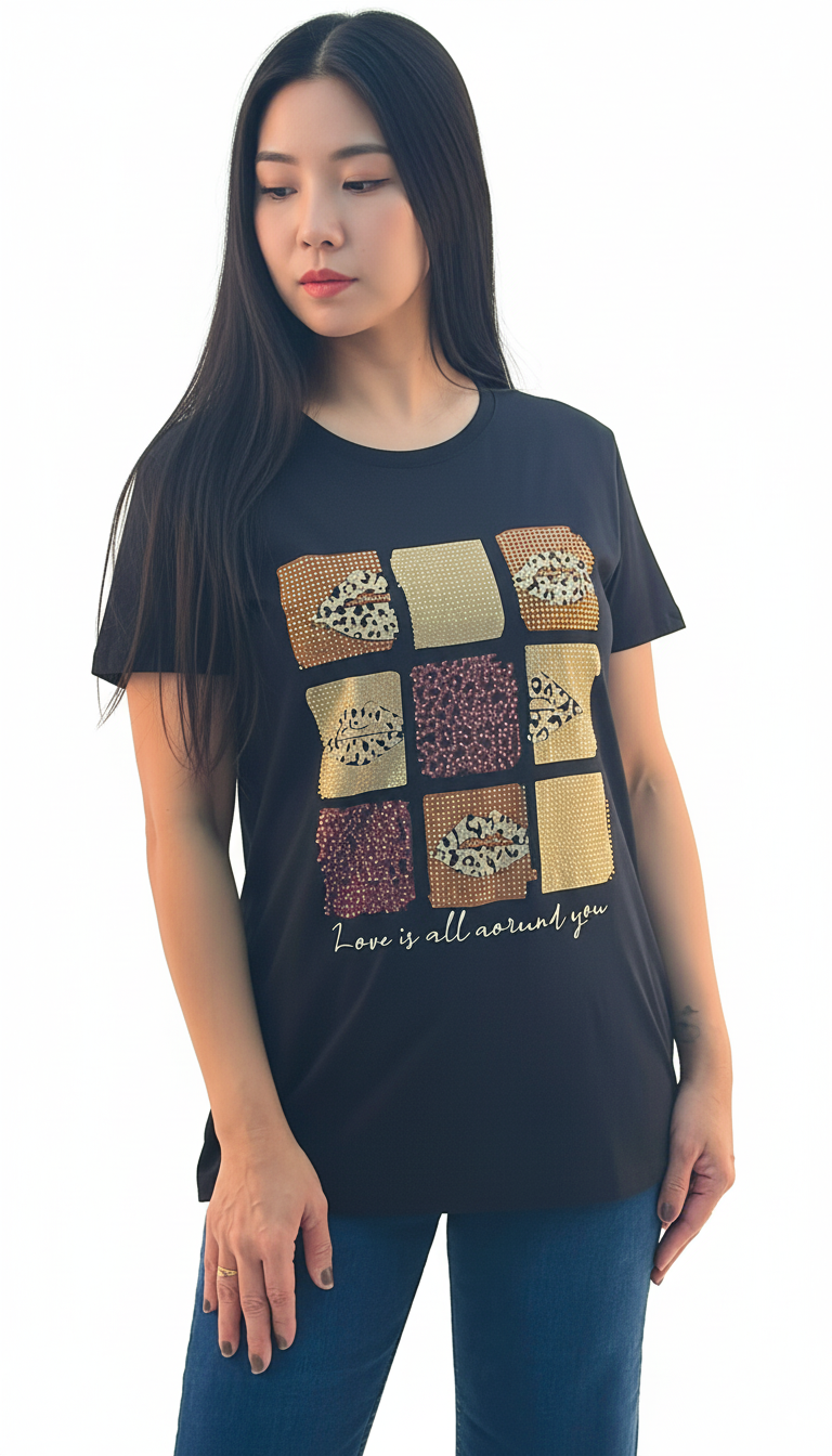 Women's Lips With Love Is All Around You Print Round Neck Short Sleeve T-Shirt - Black