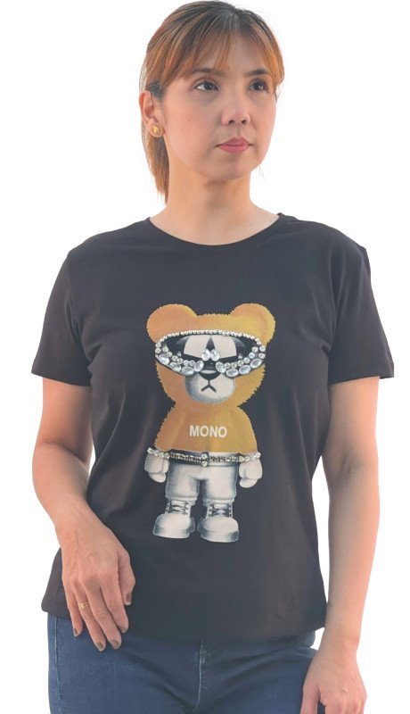 Women's Mono Bear Print Round Neck Short Sleeve T-Shirt - Black