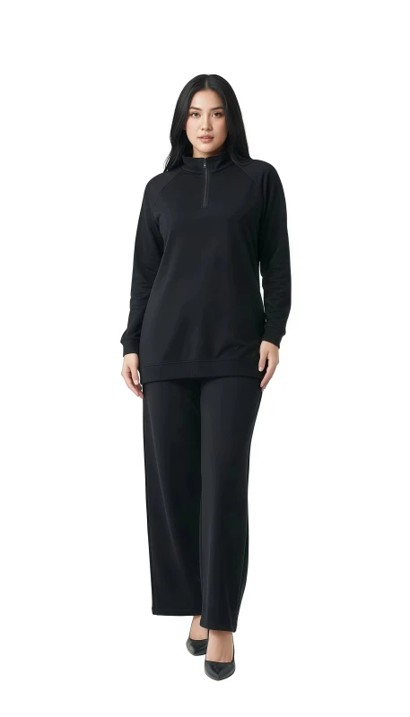 Women's Quarter-Zip Pullover & Wide Leg Pant Lounge Set - Black