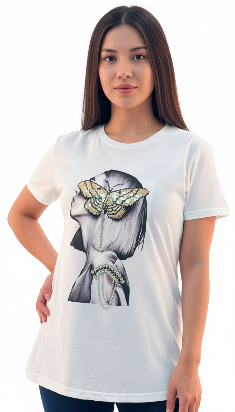 Women's Lady With Butterfly Print Round Neck Short Sleeve T-Shirt - White