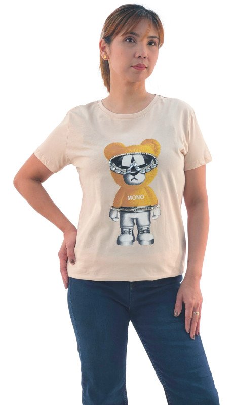 Women's Mono Bear Print Round Neck Short Sleeve T-Shirt - Beige