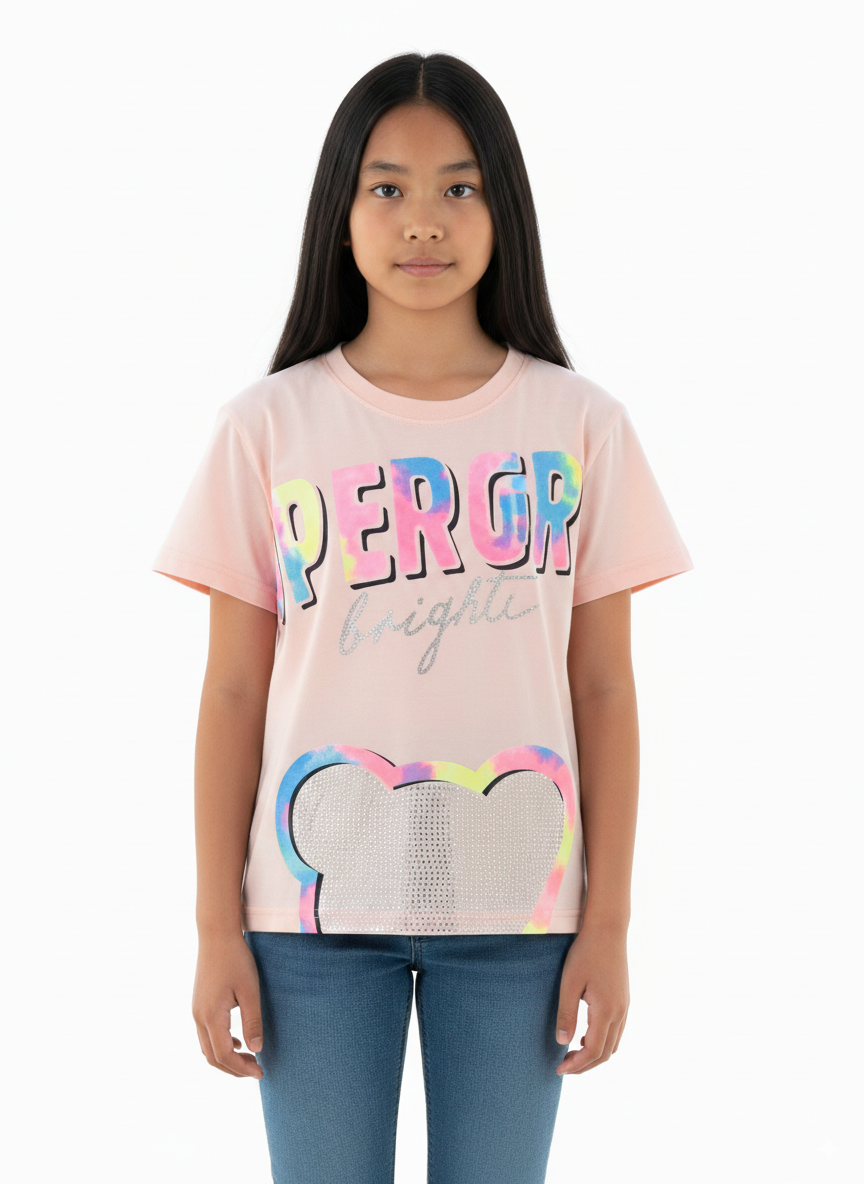 Girl's Super Girl Brighter Print Round Neck Short Sleeve T-Shirt - PeachPuff