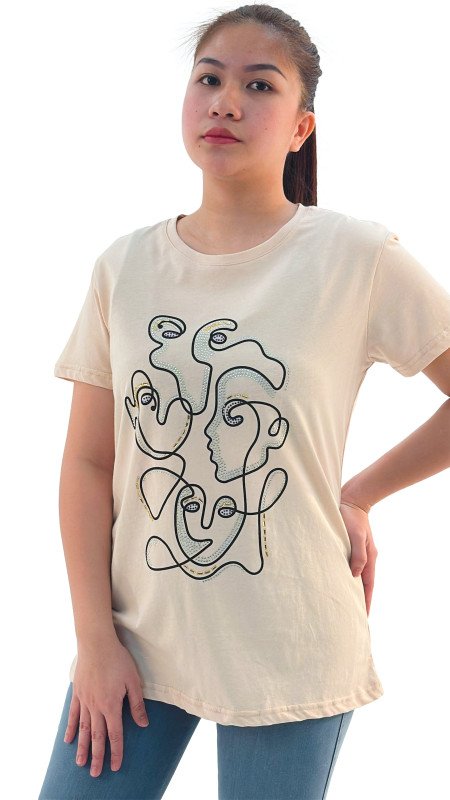 Women's Geometric Design Round Neck Short Sleeve T-Shirt - Beige