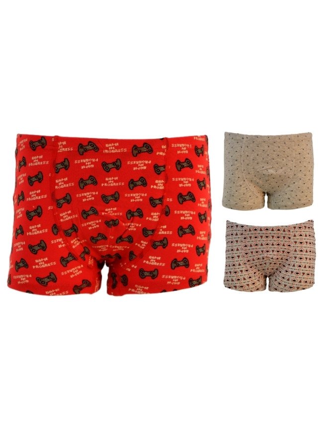 Boy's Multiple Design Boyshort 3-Pack Underwear, Multicolor - Red