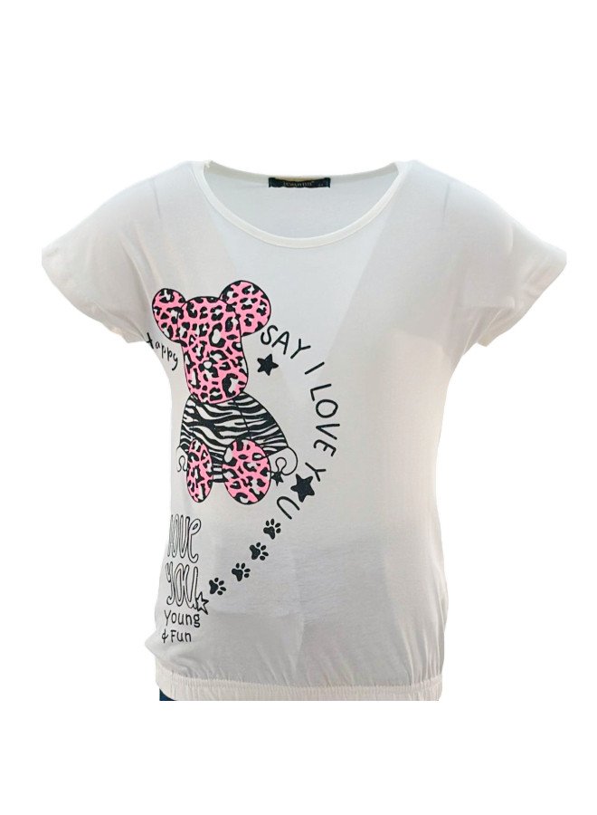 Girl's Say I Love You & Animal Print Round Neck Short Sleeve T-Shirt - White
