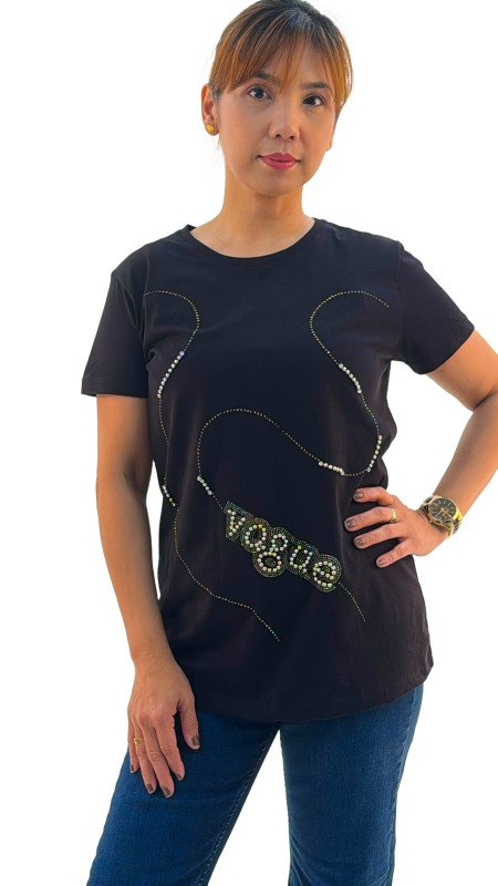 Women's Vogue Print Round Neck Short Sleeve T-Shirt - Black
