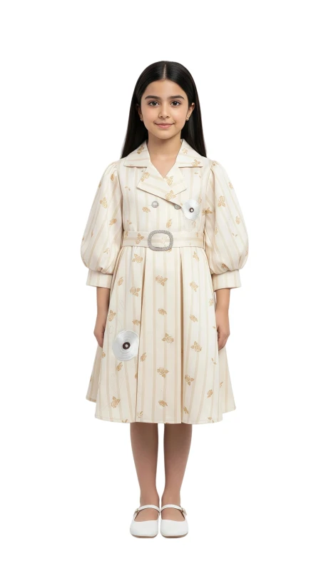 Girl's Petal Stripe Puff Sleeve Dress - Beige