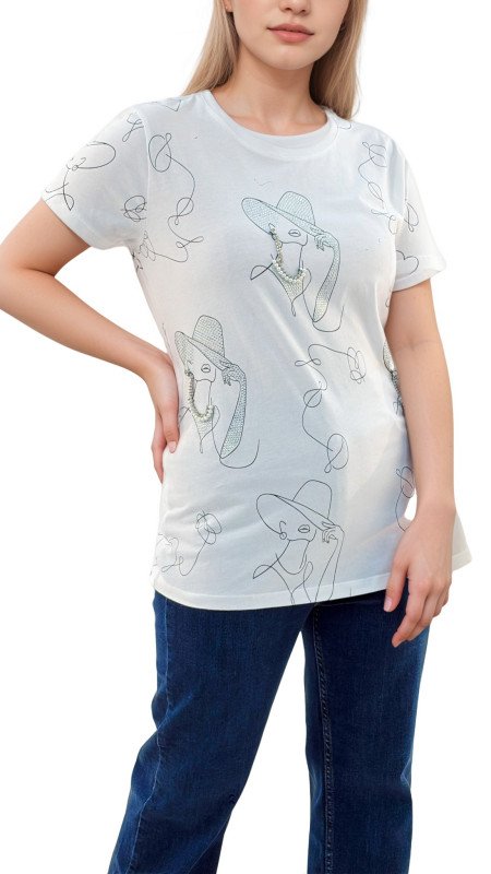 Women's Lady With Hat Design Round Neck Short Sleeve T-Shirt - White
