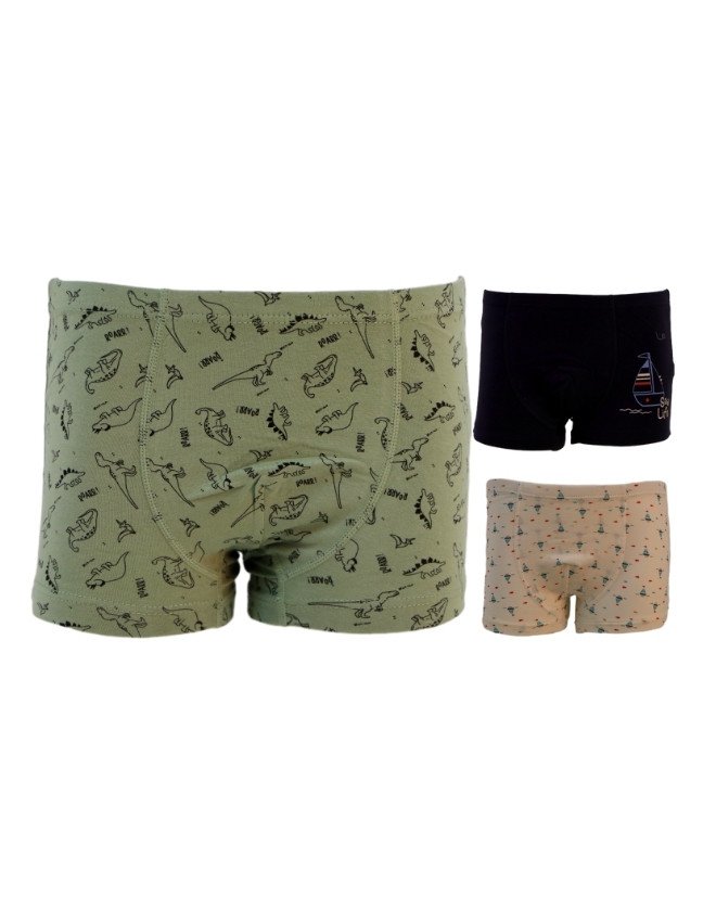 Boy's Sea Life & Boat Design Boyshort 3-Pack Underwear, Multicolor - Olive