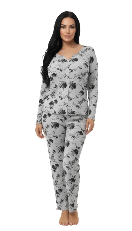 Women's Elegant Blossom Pajama Set - Gray