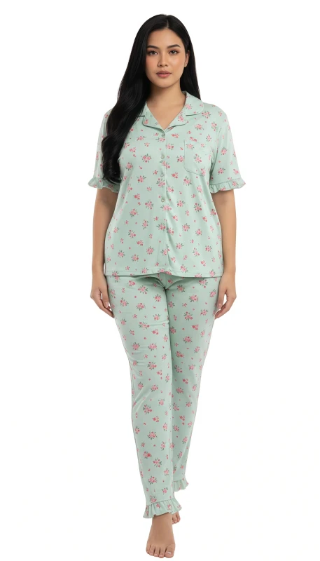 Women's Ruffled Rose Garden Pajama Set - Green