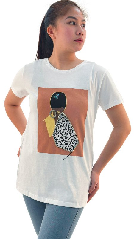 Women's Lady Design Round Neck Short Sleeve T-Shirt - White