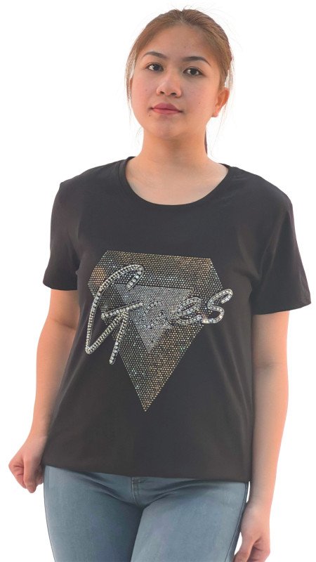 Women's Diamond Design With Quotes Round Neck Short Sleeve T-Shirt - Black