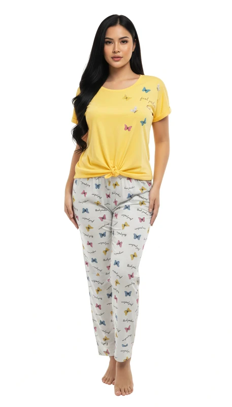 Women's Butterfly Breeze Knotted Pajama Set - Yellow