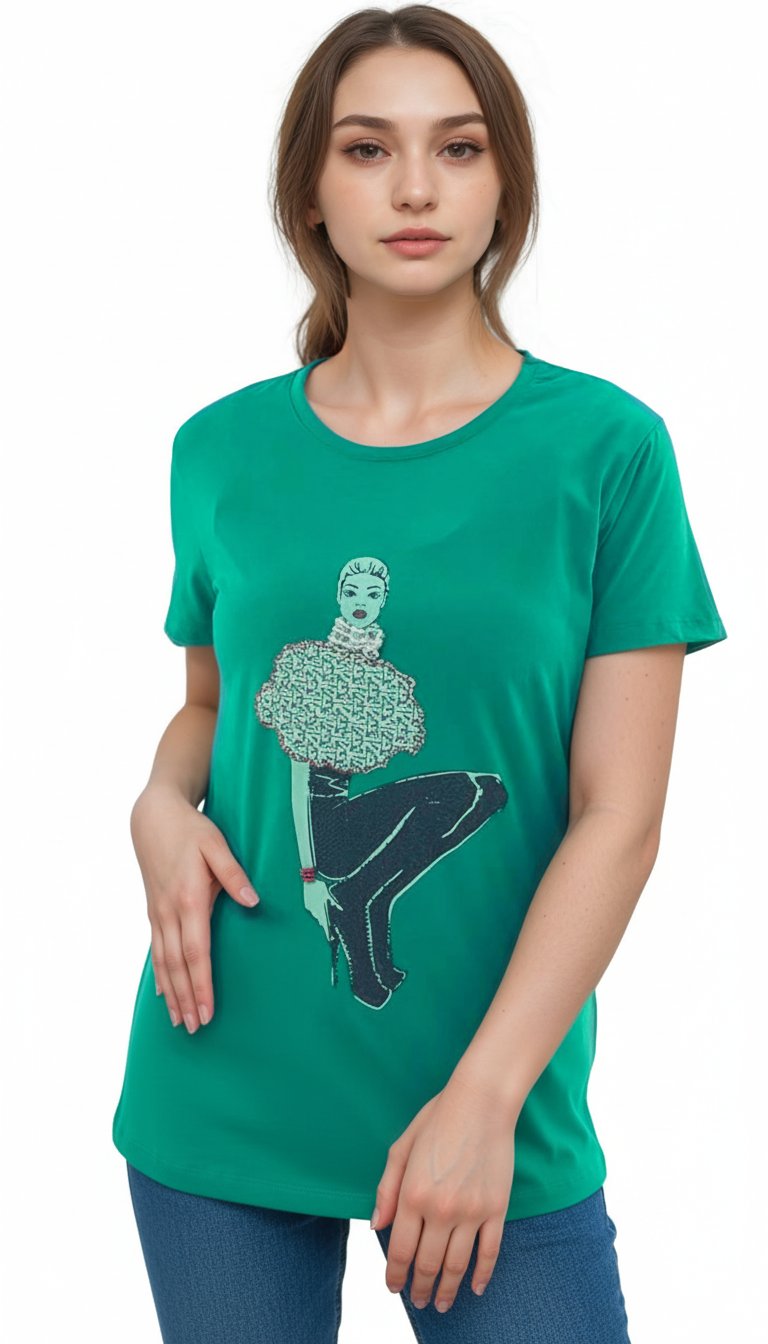 Women's Lady Wearing High Heels Design Round Neck Short Sleeve T-Shirt - Green