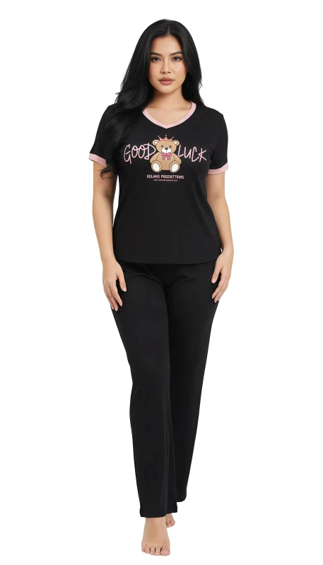 Ladies' "Good Luck" Teddy Bear Print Pajama Set - Black