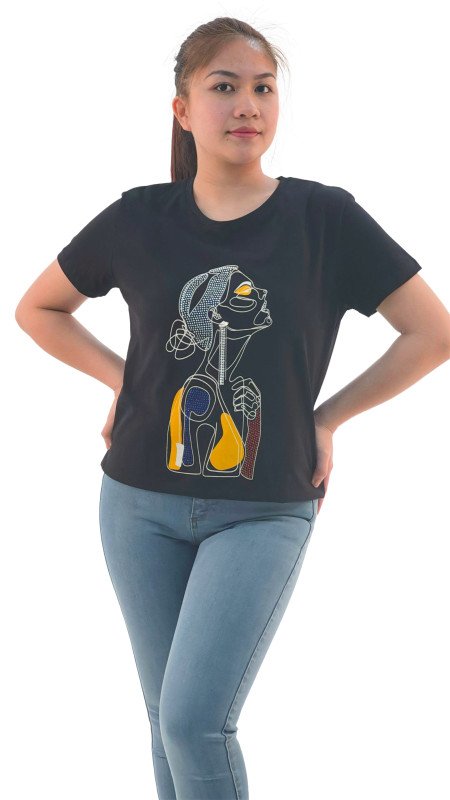 Women's Sad Lady Print Round Neck Short Sleeve T-Shirt - Black
