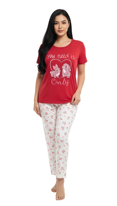 Women's Love Bunnies Floral Pajama Set - Red