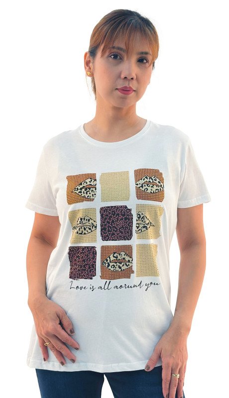 Women's Lips With Love Is All Around You Print Round Neck Short Sleeve T-Shirt - White