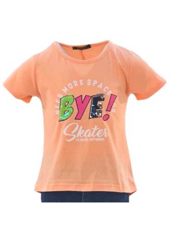 Girl's Need More Space Bye! Skater To Skate Anywhere Print Round Neck Short Sleeve T-Shirt - Orange
