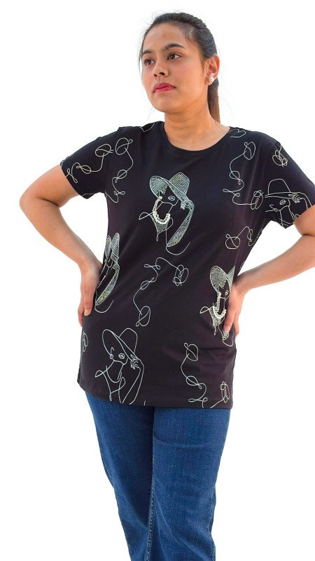 Women's Lady With Hat Design Round Neck Short Sleeve T-Shirt - Black