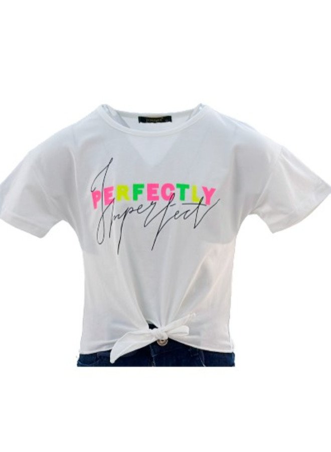Girl's Front Tie With Perfectly Imperfect Print Round Neck Short Sleeve T-Shirt - White